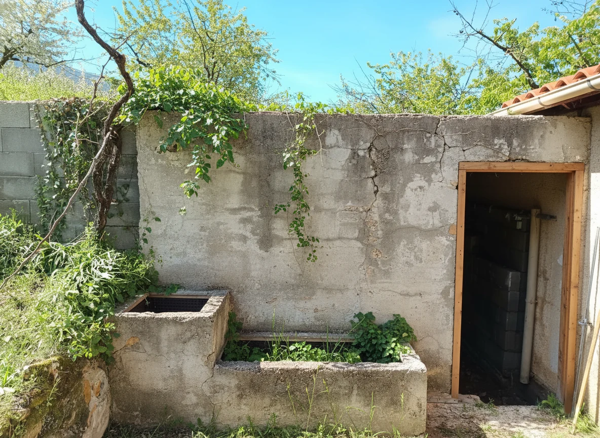 Avant : mur extérieur fissuré avec végétation et deux bacs en béton