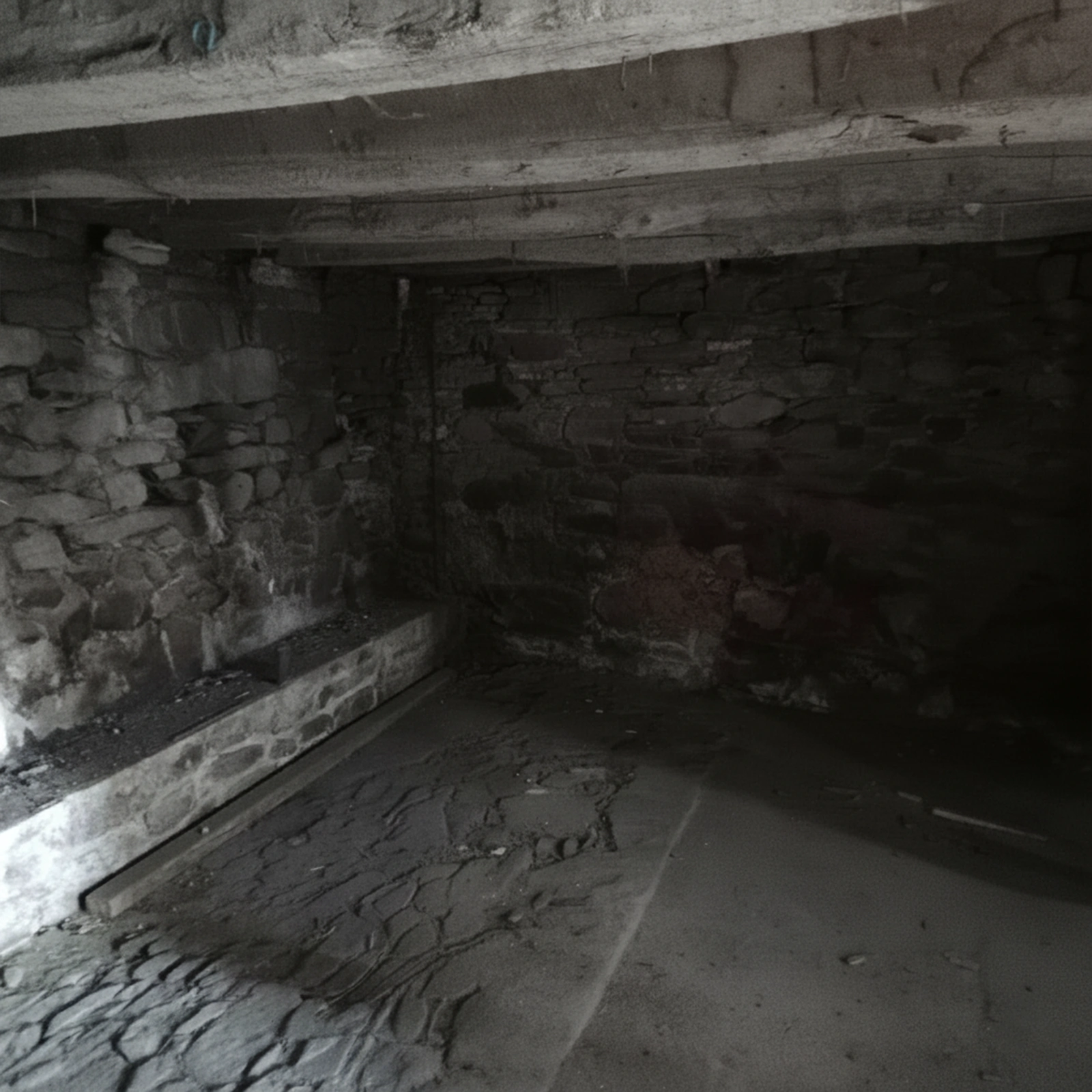 Avant : cave en pierre sombre avec plafond affaibli et structure fragilisée